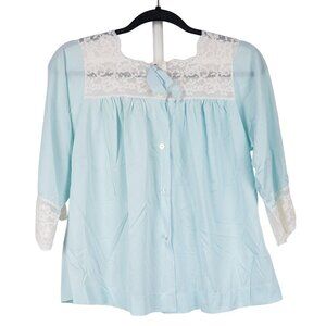 Colony Club VTG Womens Bed Jacket S Blue Nylon Lace Buttons Bow 1960s Pajamas